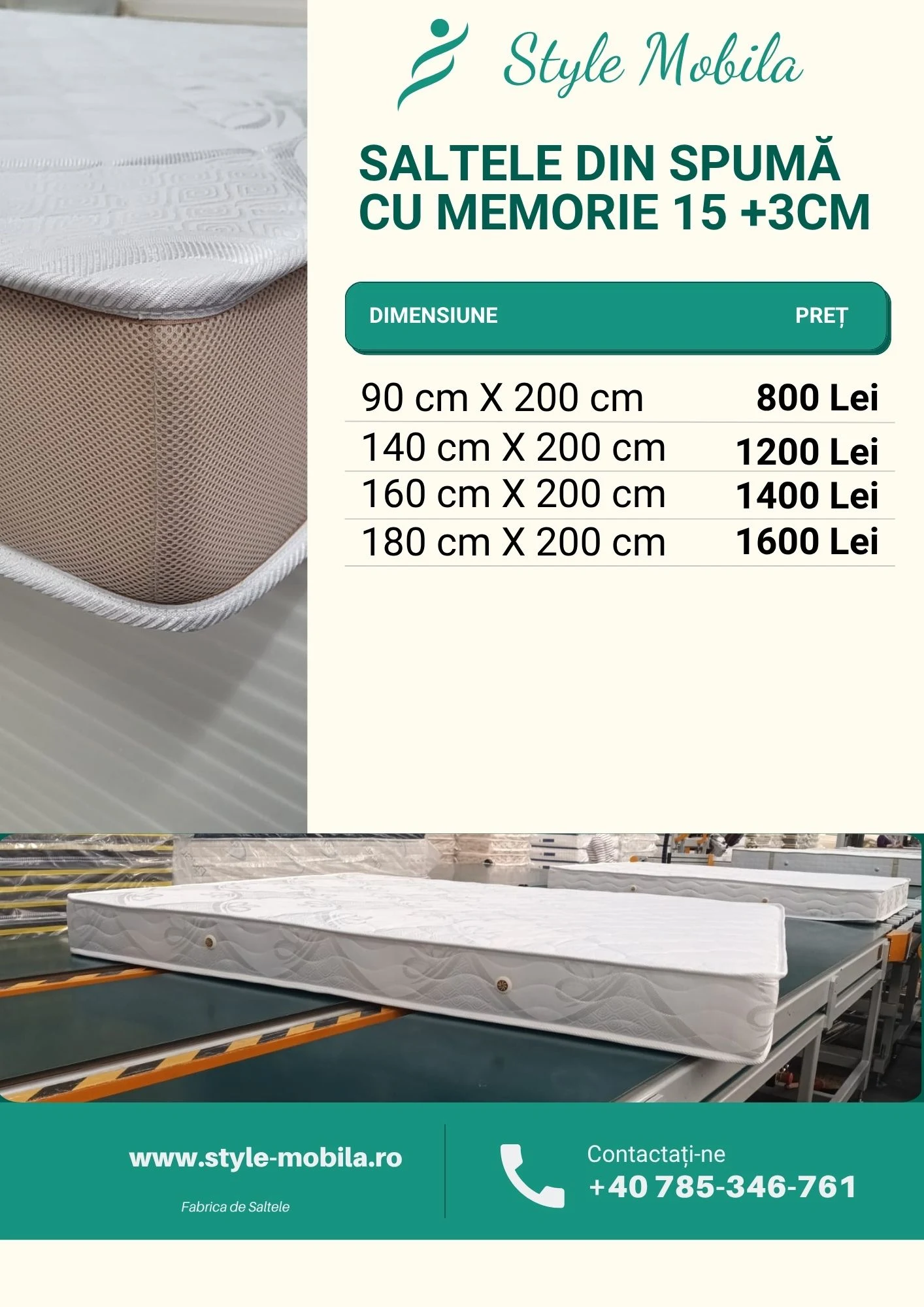 Saltea din spumă cu memorie – 15 + 3 cm